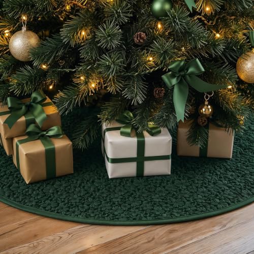 Skylety 48'' Christmas Tree Skirt Rug Embossing Xmas Tree Skirt, Green - Image 3