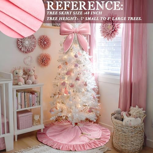 Velvet Christmas Tree Skirt, 60 Inches, Bow Style, Pink - Image 6