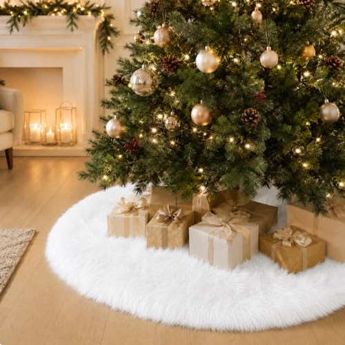 Faux Fur Christmas Tree Skirts, 24 inches Velvet Plush Long Haired Wool Fur Xmas Tree Base Cover Mat for New Year Home Party Decorations (60CM, White Plush) - Image 6