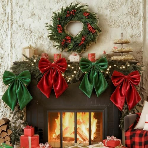 Red Green Big Bow Decor 23 x 11 Inch Christmas Bows for Wreaths Decrations Crib Large Green Red Satin Bows Decor Giant Bow Coquette Party for Xmas Gift Wrapping Baby Shower Wedding (4 Pack) by Froova