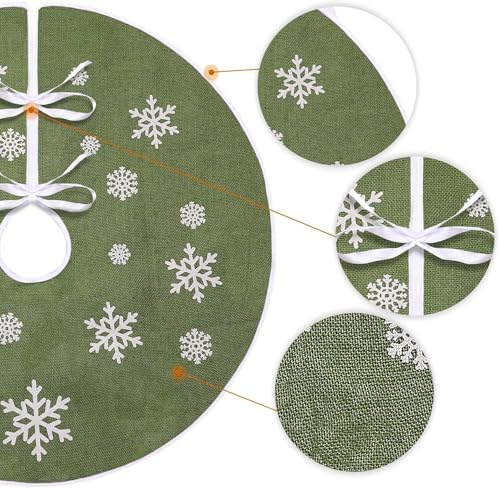 23 Inch Burlap Christmas Tree Skirt with White Snowflakes, Green - Image 4