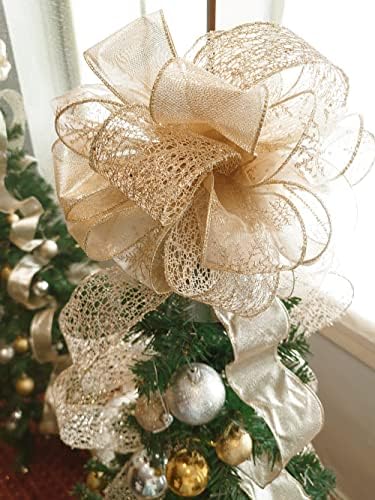 Christmas Tree Topper Bow - Bow: 11" sq. - Tails: 3 Yards Long Each - Champagne Snowflake - Image 3