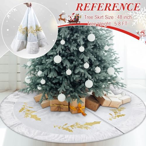 48 Inches Christmas White Velvet Tree Skirt Decorations White Luxury Fur Plush Skirts with Gold Embroidered Holly for Xmas Wedding Rustic Vintage Party Holiday Home - Image 4