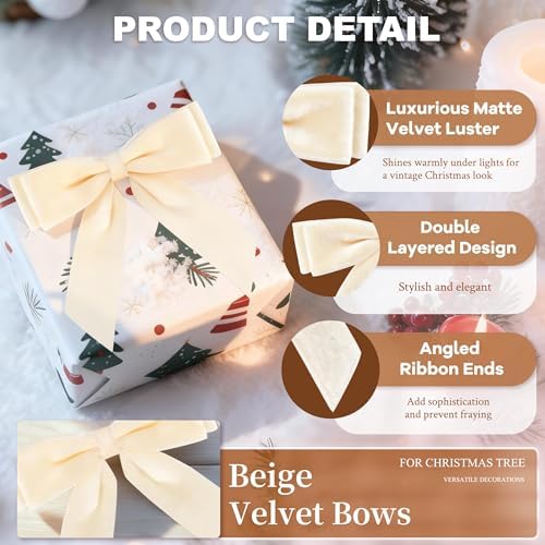 12Pcs Velvet Bows for Christmas Tree, Beige Bows Christmas Decorations with Twist Tie, Bulk Boho Velvet Ornaments for Wreath Garland Gift Wrapping Wedding Champagne Parties Decor, 6 * 6in - Image 3