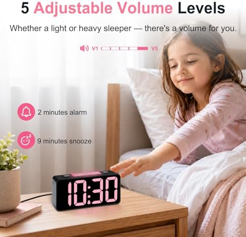 DreamSky Small Digital Alarm Clock with Night Light for Kids Bedroom | RGB Desk Clock with Large Numbers for Teens Boys, Brightness Dimmer, Adjustable Alarm Volume, USB Port, USB-C Adapter Powered - Image 6