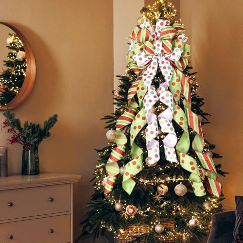 Christmas Tree Topper Wreath Bow Large Green Christmas Bow Tree Topper, 45"x13" Red Green Dot Polyester Gift Ribbon for Xmas Ornament Holiday Home Wedding Thanksgiving Indoor/Outdoor Decoration - Image 6