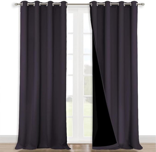 NICETOWN Full Shading Curtains 90" Long 2 Panels Set for Windows, Greyish Purple, Pack of 2, 52" W, Super Heavy-Duty Black Lined Blackout Curtains for Bedroom, Privacy Assured Window Treatment
