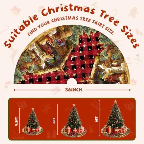 Nativity Christmas Tree Skirt 36 Inch, Christmas Skirt Tree Decoration with Buffalo Plaid Nativity, Christmas Trees Mat for Under Trees Holiday Party Indoor Decorations, Winter Gift for Women - Image 3