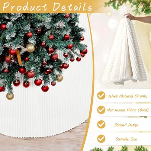 60 Inch Large Faux Fur White Christmas Tree Skirt for 6ft to 9ft Tree with Stripe Textured Pattern Soft Beige Boho Luxury Xmas Trees Decorations for Party Home Decor - Image 3