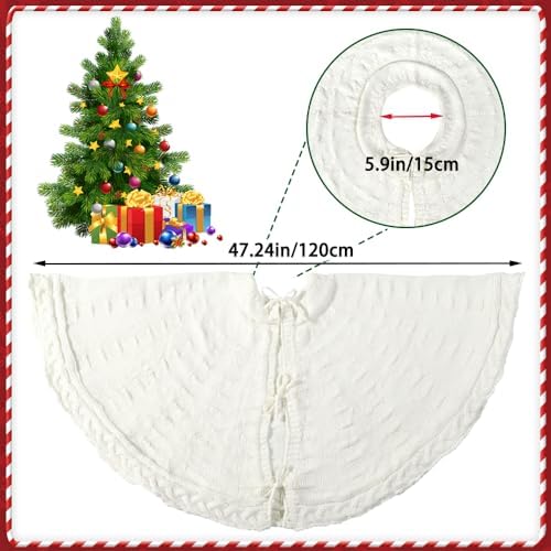 YUJUN 48 inches Christmas Knitted Tree Skirt Decorations Xmas Large White Chunky Cable Farmhouse Thick Rustic Tree Skirt for Merry Christmas Tree Holiday Home Party Decoration - Image 2