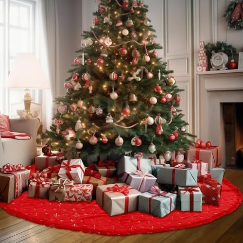 Libima 70 Inches Large Christmas Tree Skirt Faux Fur Red Xmas Tree Skirt Plush Velvet with Silver Sequins Snowflakes for Xmas Decorations Merry Christmas Party Winter Holiday Ornaments by Libima