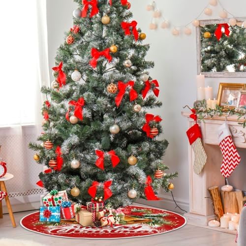 Christmas Bells Bow Christmas Tree Skirt Large Xmas Tree Skirts Decorations 48 in Burlap Tree Mat Cover for 4 ft Trees Holiday Party - Image 6