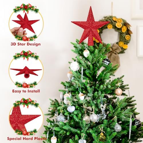 1PCS Star Tree Topper, 4" Red Christmas Tree Topper Glitter Decorations, 3D - Image 4