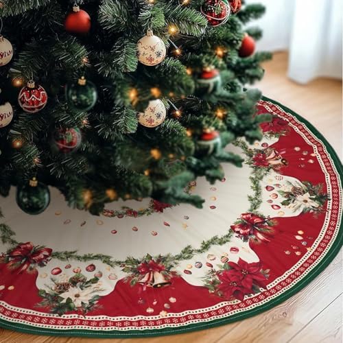 36 Inch Christmas Tree Skirt Mat Short Plush Red Xmas Tree Skirts for Indoor Outdoor Christmas Tree Decoration(Poinsettia and Balls) by BnhjsdwTablecloth