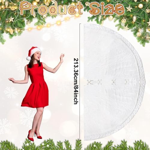84 Inch Christmas Tree Skirt Extra Large White Vintage Chunky Xmas Knitted Tree Skirt Giant Braided Cable Knit Rustic Farmhouse Xmas Ornaments for Home Merry Christmas Holiday Winter Party Decorations - Image 2