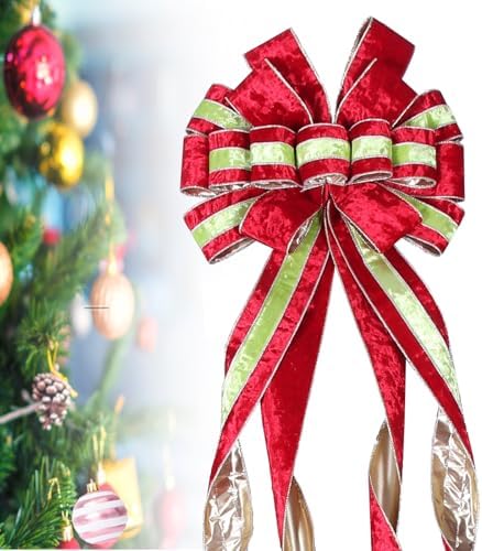 Christmas Tree Topper Wreath Bow Large Green Christmas Bow Tree Topper 52"x13" Red and Green Ice Flower Velvet Gift Bows for Xmas Holiday Home Wedding Thanksgiving Indoor/Outdoor Decoration - Image 4