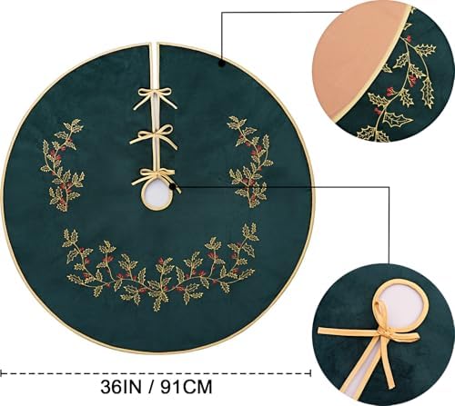 Green Christmas Tree Skirt Velvet 36 inch，Embroidered Vintage Dark Green Tree Skirt, Elegant Fur Plush Xmas Tree Skirts for Merry Christmas Party Xmas Tree Decorations - Image 4