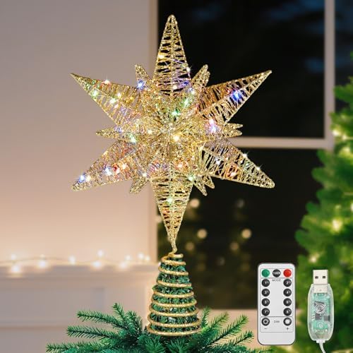 Lewondr Christmas Star Tree Topper, 14.6" Lighted Glitter 3D Star Treetop by Lewondr