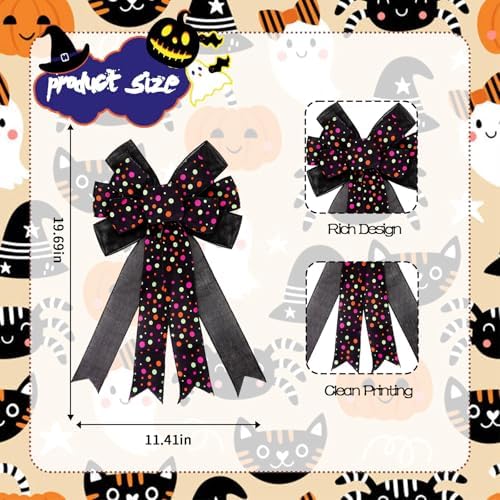 Large Halloween Tree Topper Bow, Black Colorful Polka Dot Wreath Bow - Image 2