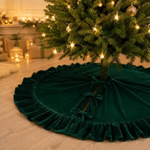 48-Inch Dark Green Ruffled Velvet Christmas Tree Skirt with 3 Bow Ties, Large Round Xmas Tree Base Cover for Holiday Home and Party Decor, 122 cm by AtiMing