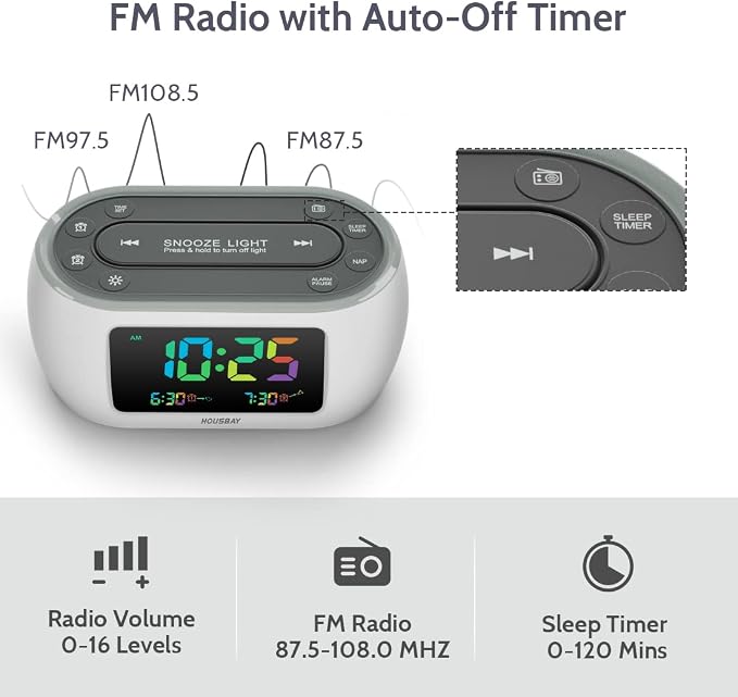 HOUSBAY Glow Small Colorful Alarm Clock Radio with Rainbow Digit, 7 Color Night Light with ON/Off Options, Dual Alarm, Dimmer, FM Radio with SleepTimer for Bedrooms - Image 3