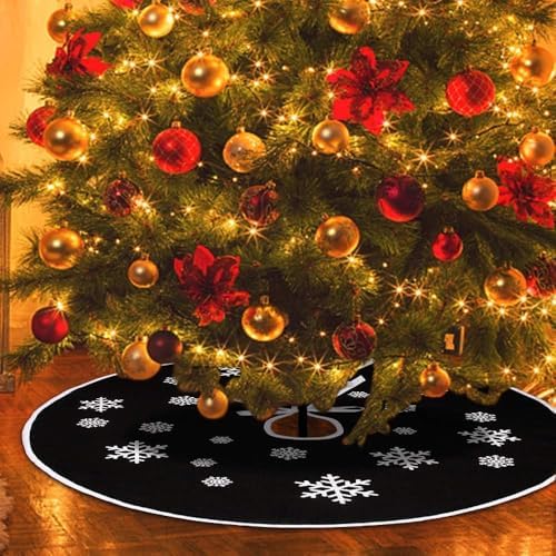 N&T NIETING Christmas Black Tree Skirt, 24 Inch Rustic Burlap Tree Skirt with Snowflakes Printed for Xmas Holiday Party Indoor Home Winter Nightmare Before Christmas Tree Decorations - Image 2