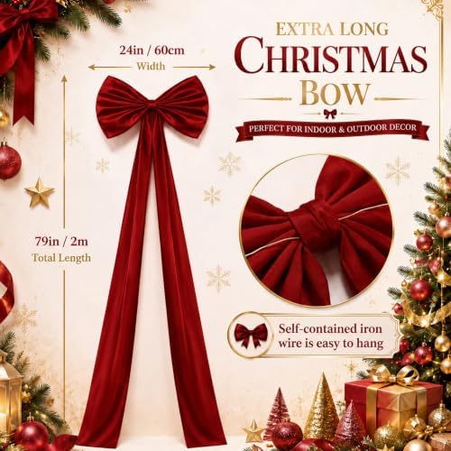 Daifunli 24 x 79 Inches Giant Satin Bow Christmas Tree Topper,Wine Red - Image 2