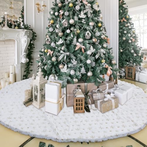Libima 84 Inches Large Christmas Tree Skirt Faux Fur Xmas Tree Skirt White Plush Velvet with Gold Sequins Snowflakes for Xmas Decorations Merry Christmas Party Winter Home Holiday Ornaments by Libima