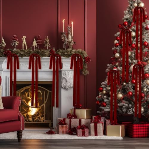 Janinka 6pcs Long Burgundy Christmas Velvet Bow Ornament Vintage Tree Decor - Image 5
