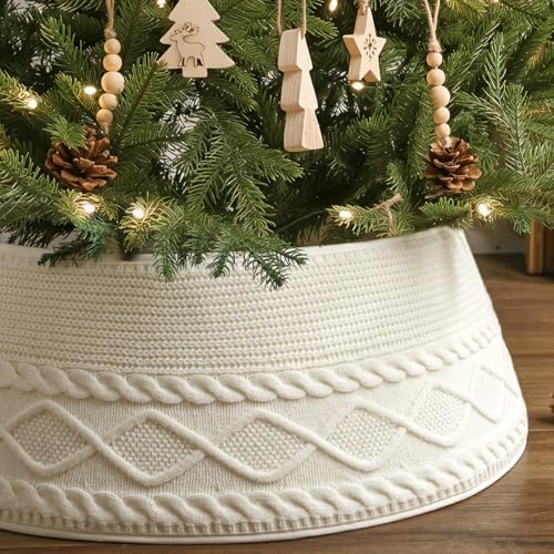 Knitted Christmas Tree Collar: Cream Crossed Diamond Edge Chunky Cable Knit Christmas Tree Collars for Artificial Trees, Farmhouse Rustic Tree Ring Tree Skirt for Christmas Home Décor by LimBridge