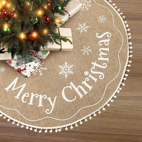 AerWo Christmas Tree Skirt 36 Inch, Burlap Tree Skirt Printed with White Snowflake and Merry Christmas Decor, Brown Tree Skirt for Christmas Decorations New Year Holiday Party Supply Indoor Outdoor by AerWo