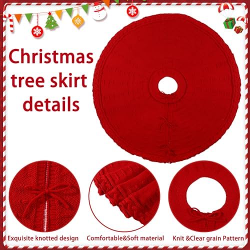 YUJUN 36 Inches Christmas Knitted Tree Skirt Decorations Xmas Large Red Chunky Cable Farmhouse Thick Rustic Tree Skirt for Merry Christmas Tree Holiday Home Party Decoration - Image 3