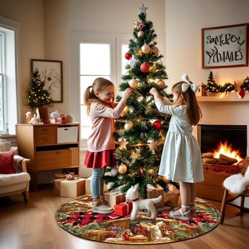 Nativity Christmas Tree Skirt 48 Inch, Christmas Skirt Tree Decoration with Buffalo Plaid Nativity, Christmas Trees Mat for Under Trees Holiday Party Indoor Decorations, Winter Gift for Women - Image 5