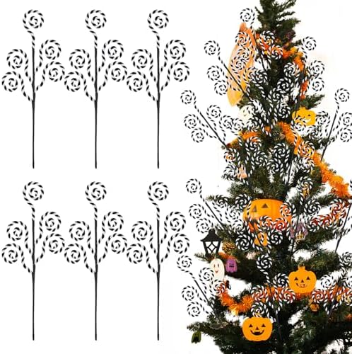 6 Pcs Christmas Tree Picks Decor Halloween Worm 16'' Black White Christmas Ornament Tree Topper Lollipop Stick Candy Cane Plush Decor Woolen Bells Curly Pick Branch for Vase Wreath Home DIY Craft by Knitgrip
