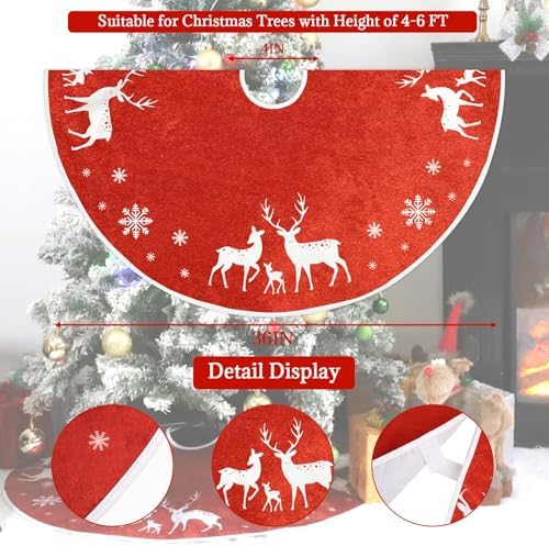 Christmas Tree Skirt Soft Reindeer Tree Skirt for Christmas Pencil Tree Winter Party Home Decoration, 36In, Red - Image 3