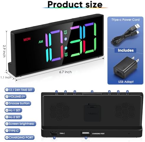 Tetino Alarm Clock for Heavy Sleepers, Digital Clocks with Adjustable Volume Brightness,Snooze,Battery Backup, Large Numbers Display RGB Colorful Changing Clock for Bedrooms,Office Living Rooms - Image 7