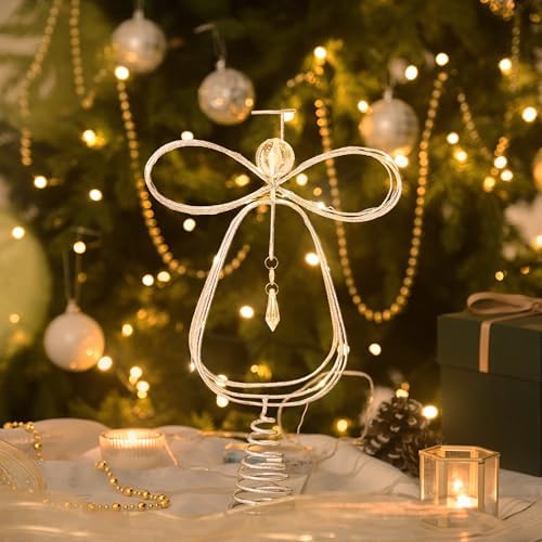 Valery Madelyn Lighted Christmas Tree Topper Angel with Timer, 12 Inch Pre-Lit Silver Metal Small Angel Tree Topper with Lights for Christmas Tree Decor Indoor, Battery Operated, Valentines Gift - Image 5