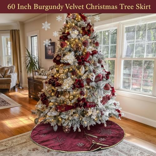 Burgundy Velvet Tree Skirt 60 Inch, Gold Snowflake Rhinestone - Image 5