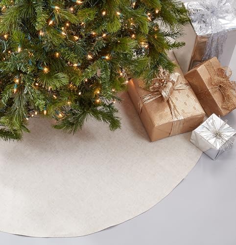 SARO LIFESTYLE Linen Christmas Tree Skirt – Toscana Collection – Natural Solid Edge – Classic Holiday Farmhouse Décor, 84", Natural by SaroLifestyle