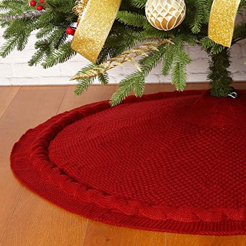 Sattiyrch Christmas Tree Skirt, 48 inches Luxury Cable Knit Knitted Thick Rustic Xmas Holiday Decoration, Burgundy - Image 5