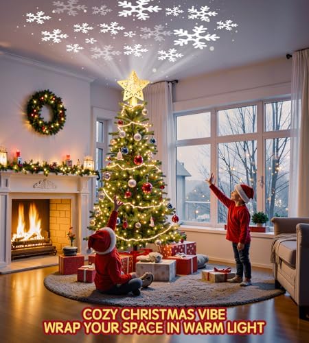 Christmas Tree Star Topper, Built-in Led 360° Rotating Snowflake Projector Pentagram Plug in Christmas Tree Ornament for Indoor Office Xmas New Year Holiday Tree Decor (Golden) - Image 5