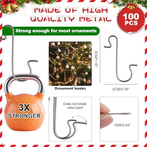Ornament Hooks, 100 Pcs Christmas Ornament Hooks, Ornament Hangers, Ornament Hook for Christmas Trees, Metal Wire Small Ornaments Hooks Anchors for Xmas Tree Decorations Hanging Party Decor, Sliver - Image 3