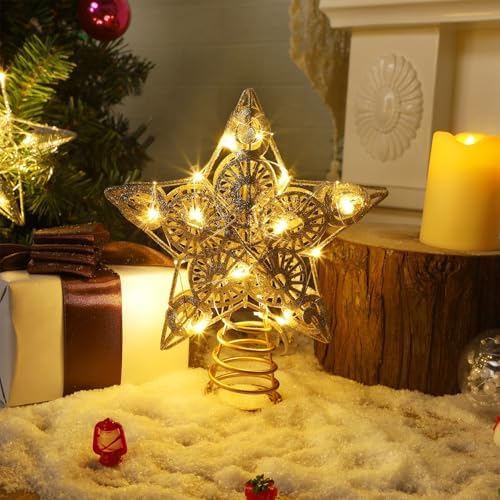 Juegoal Star Tree Topper with 20 LED Lights, Metal Golden Lighted Treetop Ornaments, Battery Powered Light Up Christmas Tree Decorations, 6.5 x 6.5 Inches - Image 3