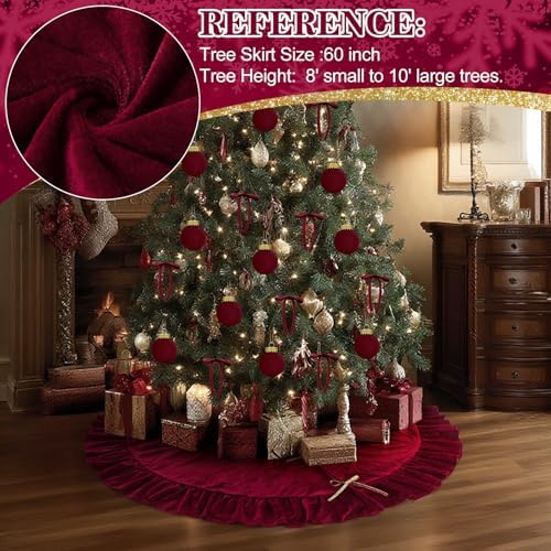 Velvet Christmas Tree Skirt, 60 Inches, Bow Style, Red - Image 5