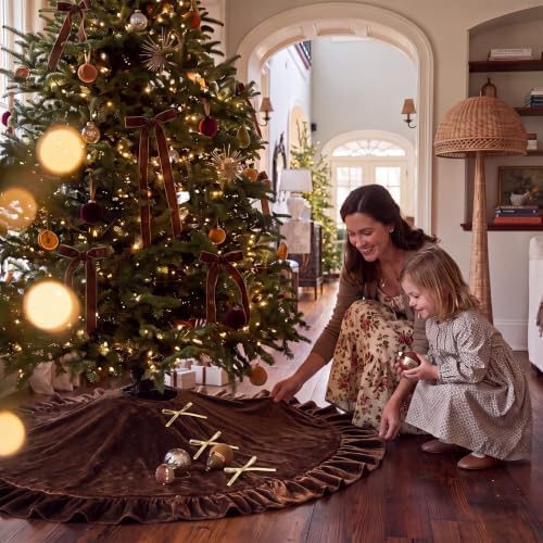 Velvet Christmas Tree Skirt, 60 Inches, Bow Style, Brown - Image 6