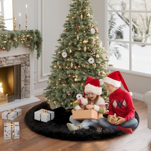 60 Inch Black Faux Fur Christmas Tree Skirt Plush Xmas Tree Base Cover - Image 5