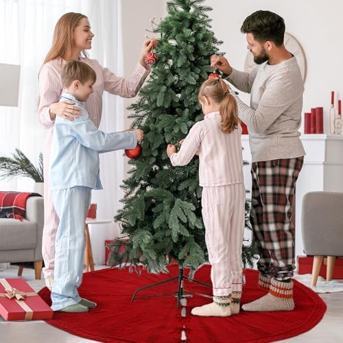 72 Inch Christmas Knitted Tree Skirt Giant Claret Red Chunky Xmas Tree Skirt Extra Large Braided Cable Knit Rustic Farmhouse Xmas Ornaments for Home Merry Christmas Holiday Winter Party Decoration - Image 5