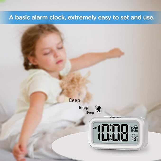 Peakeep Night Light Digital Alarm Clock Battery Operated Indoor Temperature | Small Cordless Cute Clock for Bedroom Desk Travel, Simple to Use for Teens Kids (White) - Image 2