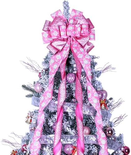 Christmas Tree Topper Wreath Bow Large Pink Christmas Bow Tree Topper 52"x13" Pink Alien Ball Glitter Satin Ribbon Gift Bows for Xmas Holiday Home Wedding Thanksgiving Indoor/Outdoor Decoration by Sailup