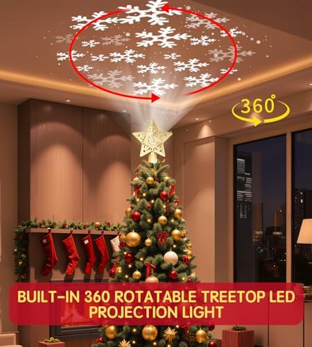 Christmas Tree Star Topper, Built-in Led 360° Rotating Snowflake Projector Pentagram Plug in Christmas Tree Ornament for Indoor Office Xmas New Year Holiday Tree Decor (Golden) - Image 4